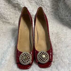 Diana Kelly leather red patent croc prints heels crystal brooch accent S…